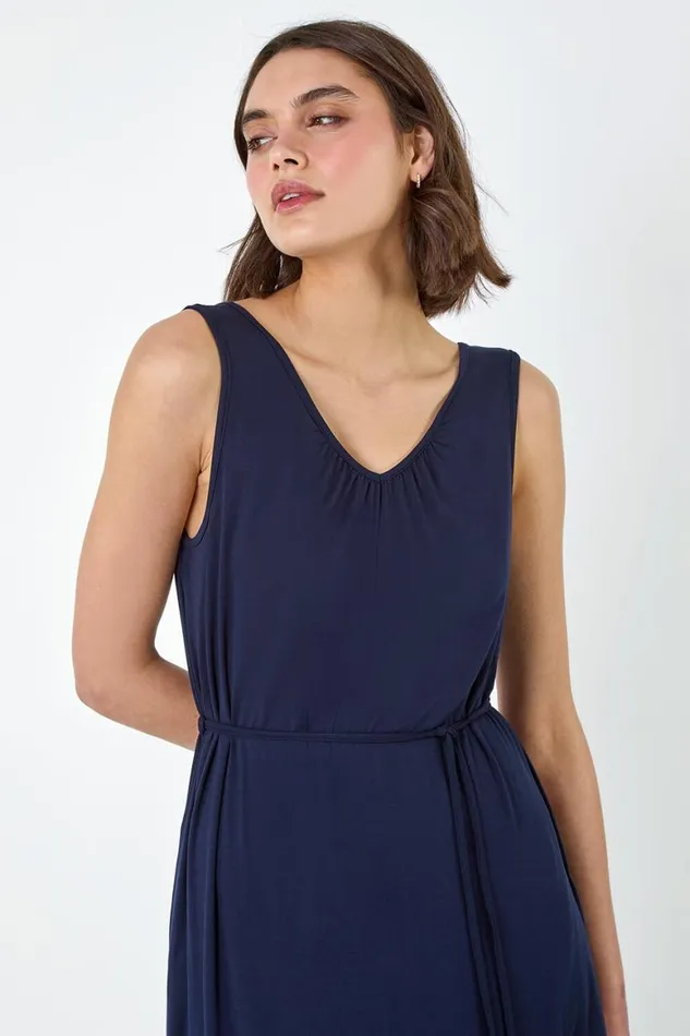 Women Navy Gathered Tie Detail Stretch Midi Dress Roman Dresses