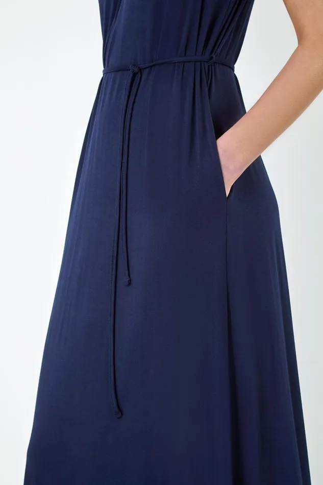 Women Navy Gathered Tie Detail Stretch Midi Dress Roman Dresses