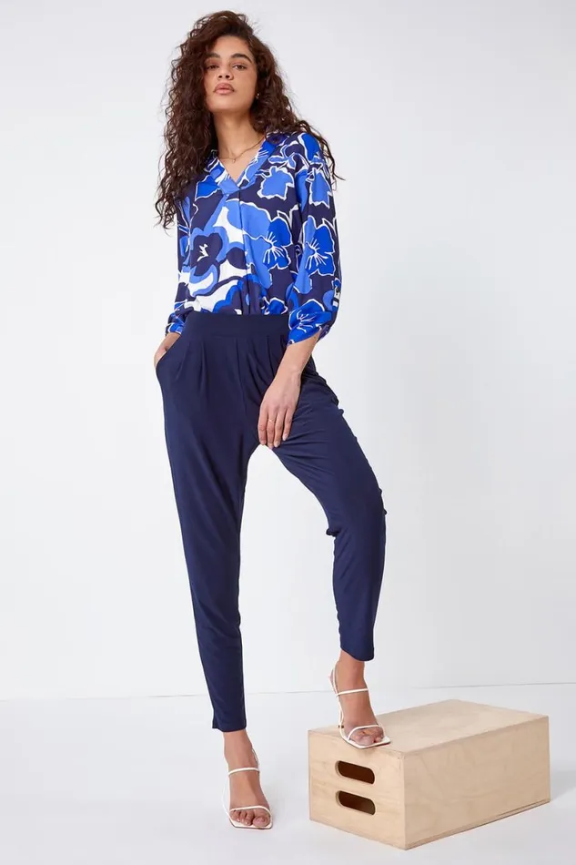 Women Navy Jersey Stretch Elastic Waistc Harem Trousers Roman Trousers