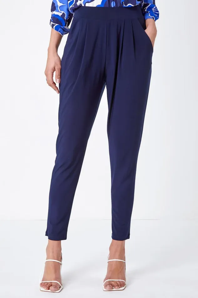 Women Navy Jersey Stretch Elastic Waistc Harem Trousers Roman Trousers