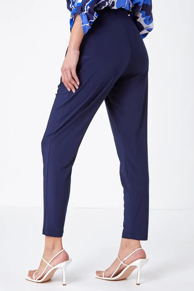 Women Navy Jersey Stretch Elastic Waistc Harem Trousers Roman Trousers