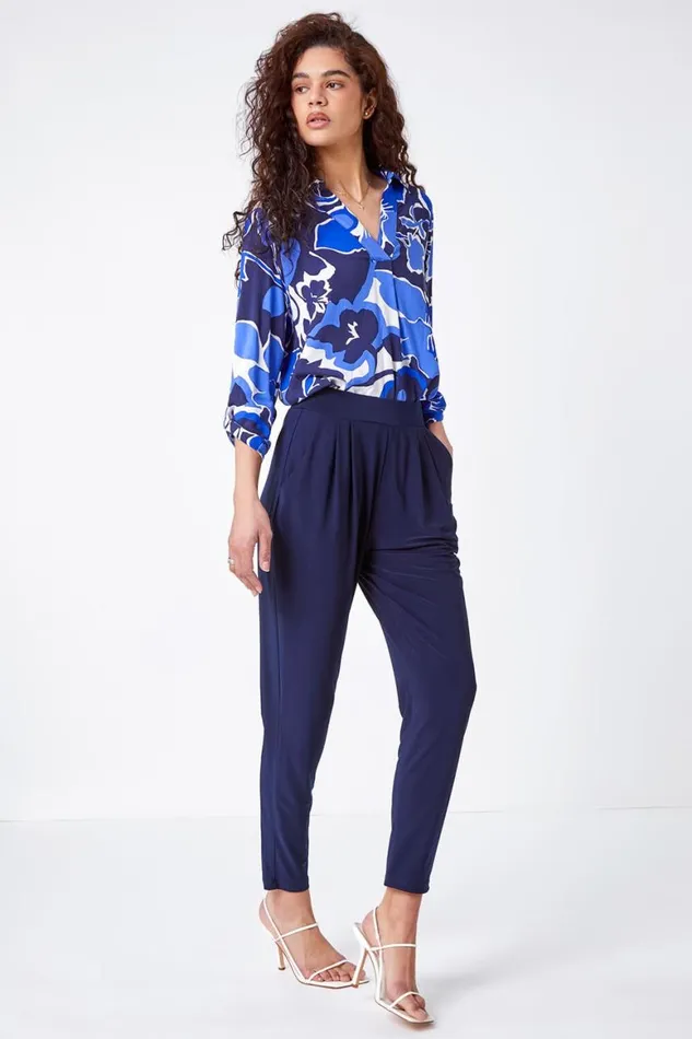 Women Navy Jersey Stretch Elastic Waistc Harem Trousers Roman Trousers