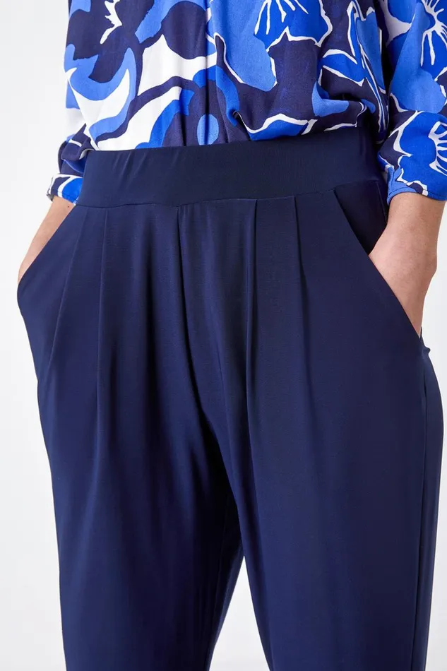 Women Navy Jersey Stretch Elastic Waistc Harem Trousers Roman Trousers