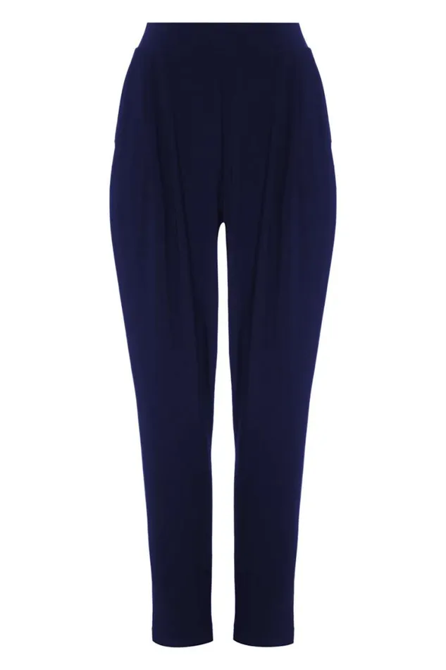 Women Navy Jersey Stretch Elastic Waistc Harem Trousers Roman Trousers