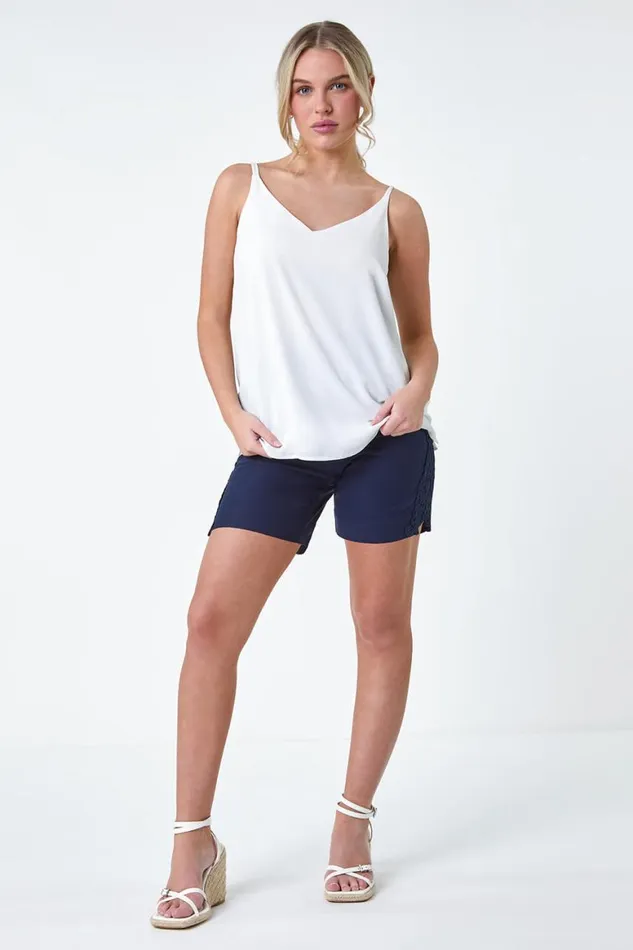 Women Navy Lace Trim Stretch Elastic Waist Shorts Roman Trousers