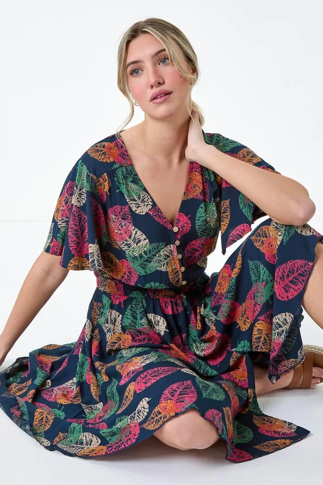 Women Navy Leaf Print Button Detail Dress Roman Dresses