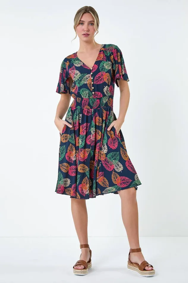 Women Navy Leaf Print Button Detail Dress Roman Dresses