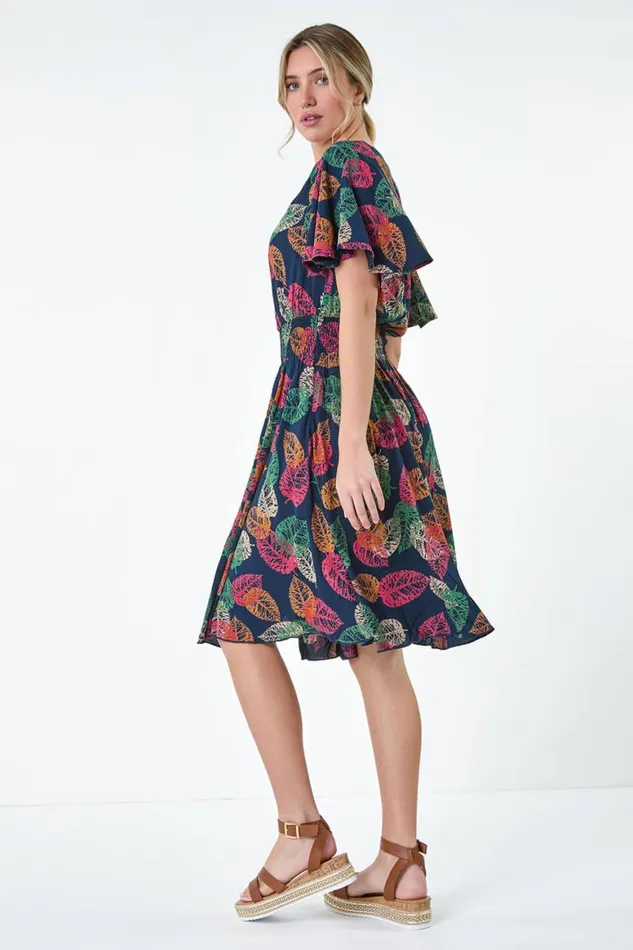 Women Navy Leaf Print Button Detail Dress Roman Dresses
