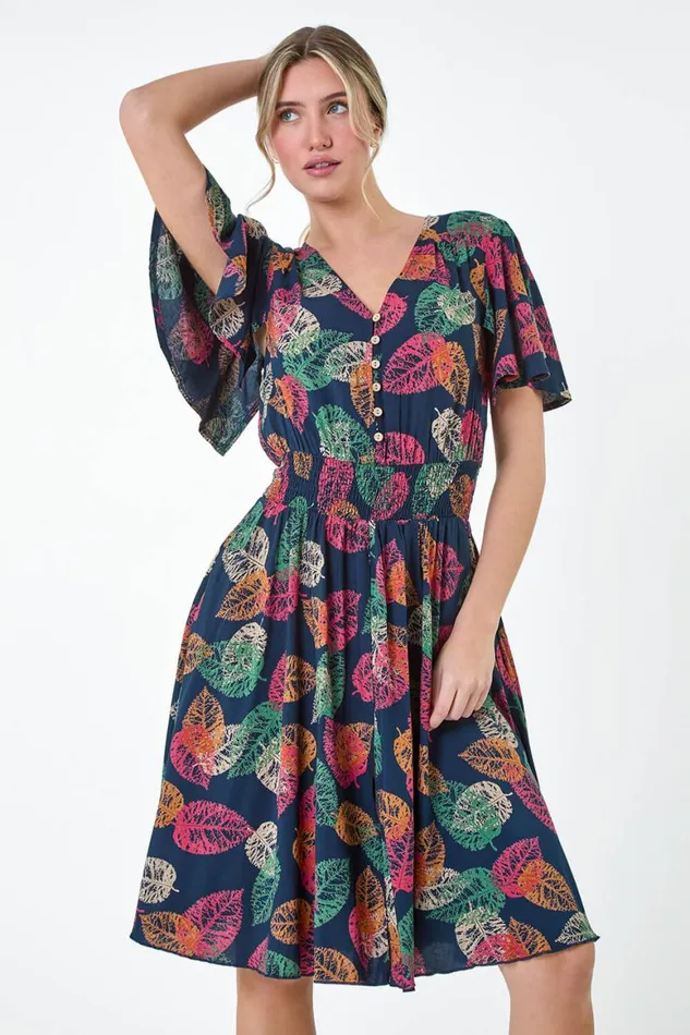 Women Navy Leaf Print Button Detail Dress Roman Dresses