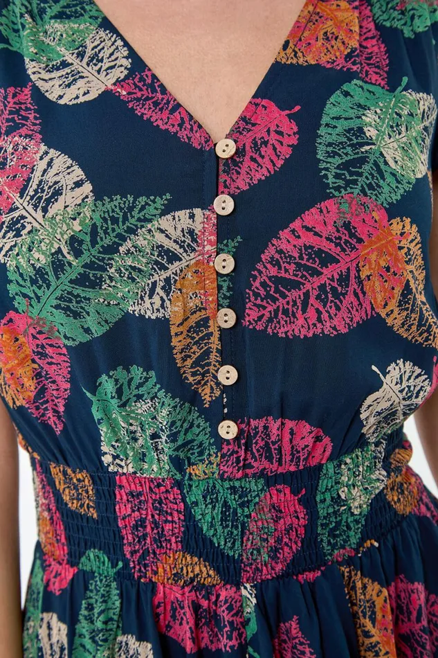 Women Navy Leaf Print Button Detail Dress Roman Dresses
