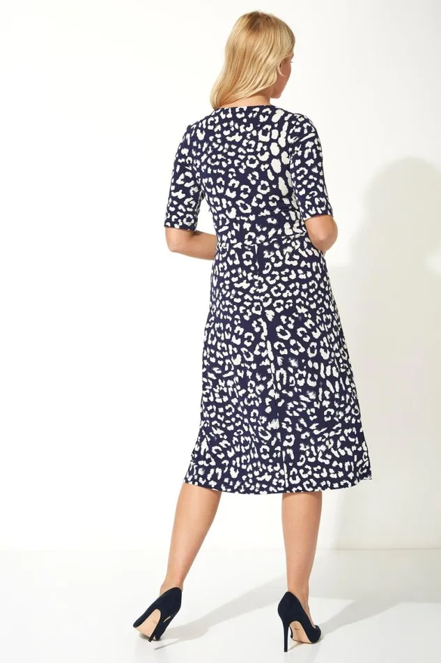 Women Navy Leopard Print Ruched Fit And Flare Dress Roman Dresses