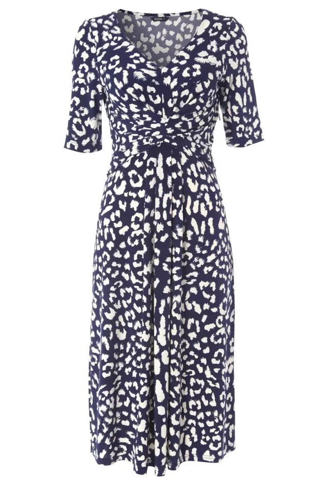 Women Navy Leopard Print Ruched Fit And Flare Dress Roman Dresses