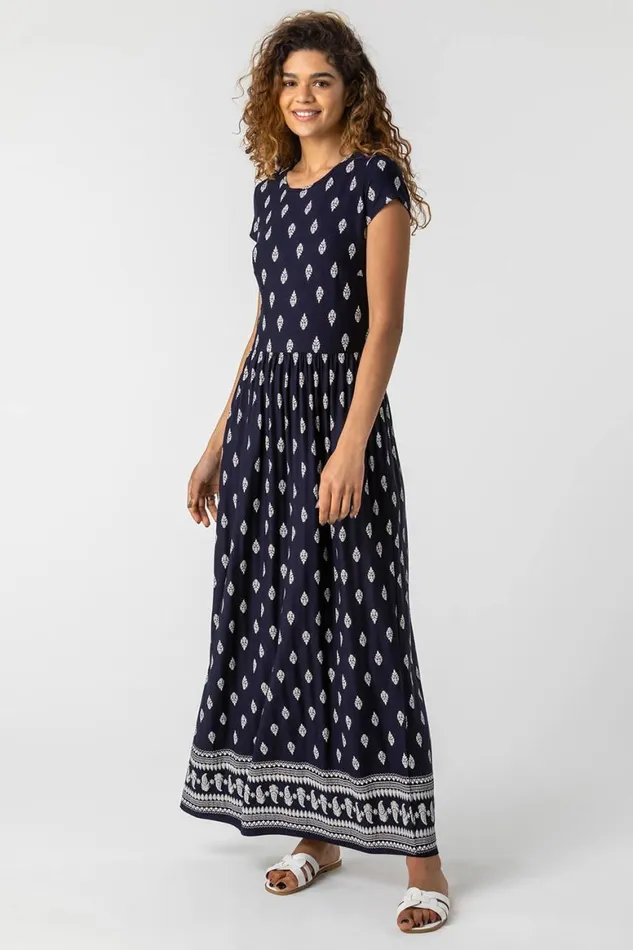 Women Navy Paisley Border Print Maxi Dress Roman Dresses