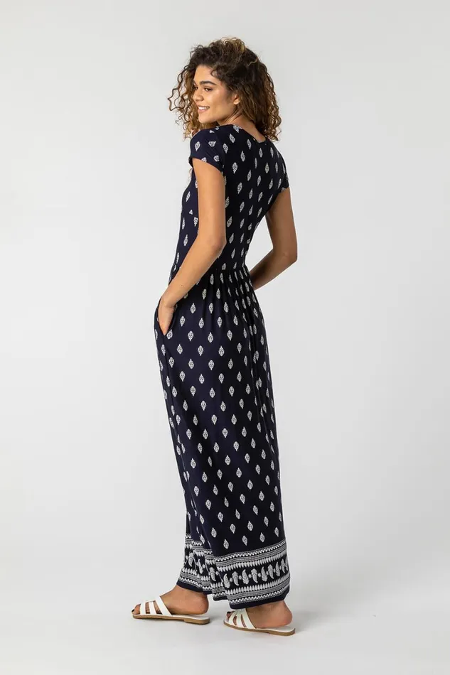 Women Navy Paisley Border Print Maxi Dress Roman Dresses
