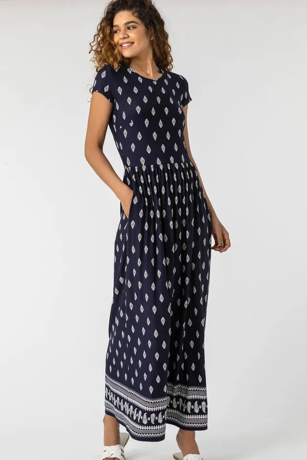 Women Navy Paisley Border Print Maxi Dress Roman Dresses