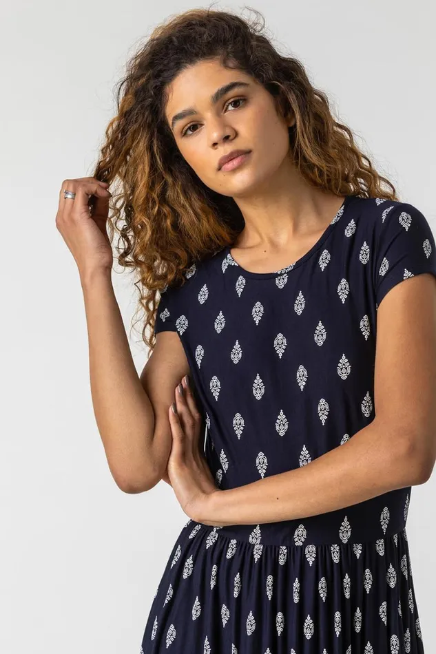 Women Navy Paisley Border Print Maxi Dress Roman Dresses