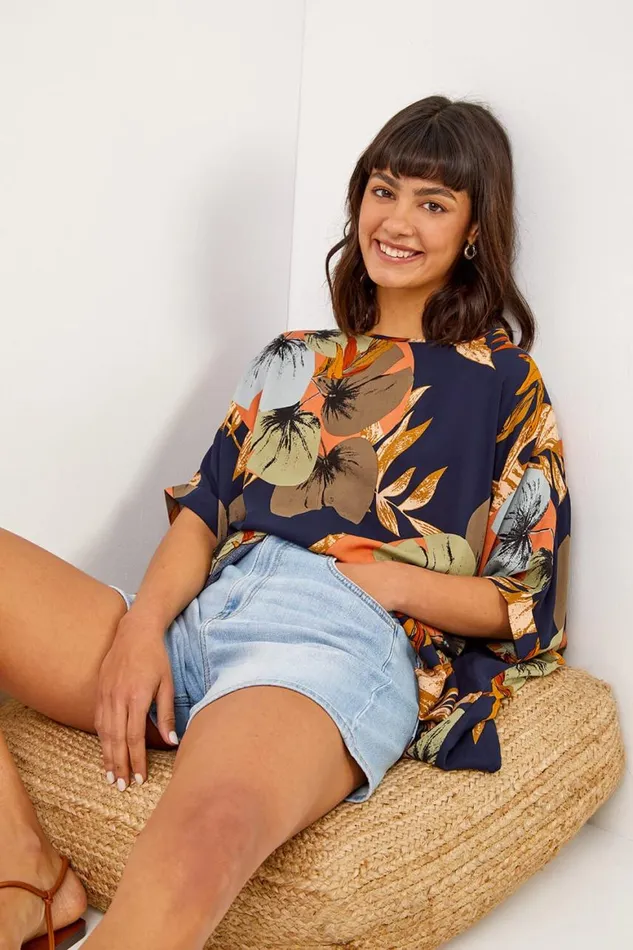 Women Navy Palm Print Button Back Top Roman Tops