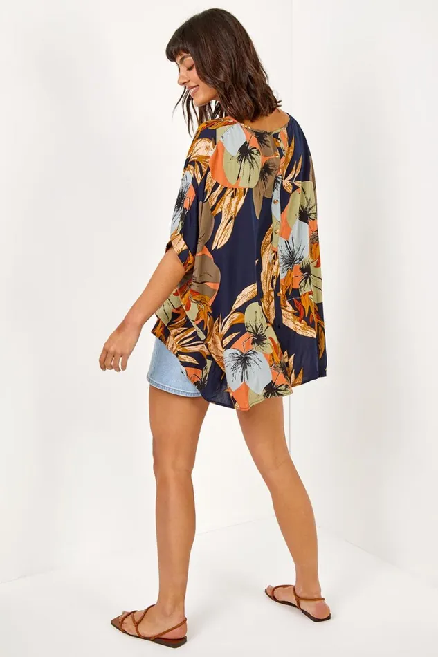 Women Navy Palm Print Button Back Top Roman Tops