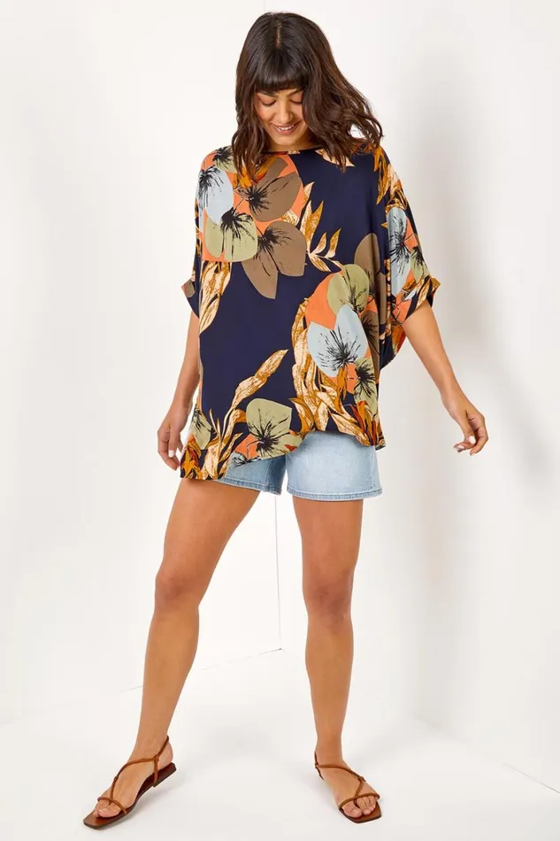 Women Navy Palm Print Button Back Top Roman Tops