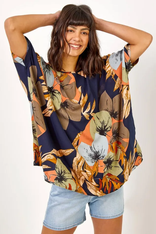 Women Navy Palm Print Button Back Top Roman Tops