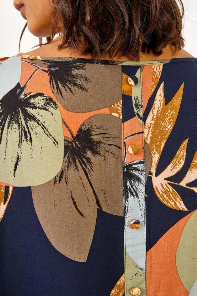 Women Navy Palm Print Button Back Top Roman Tops