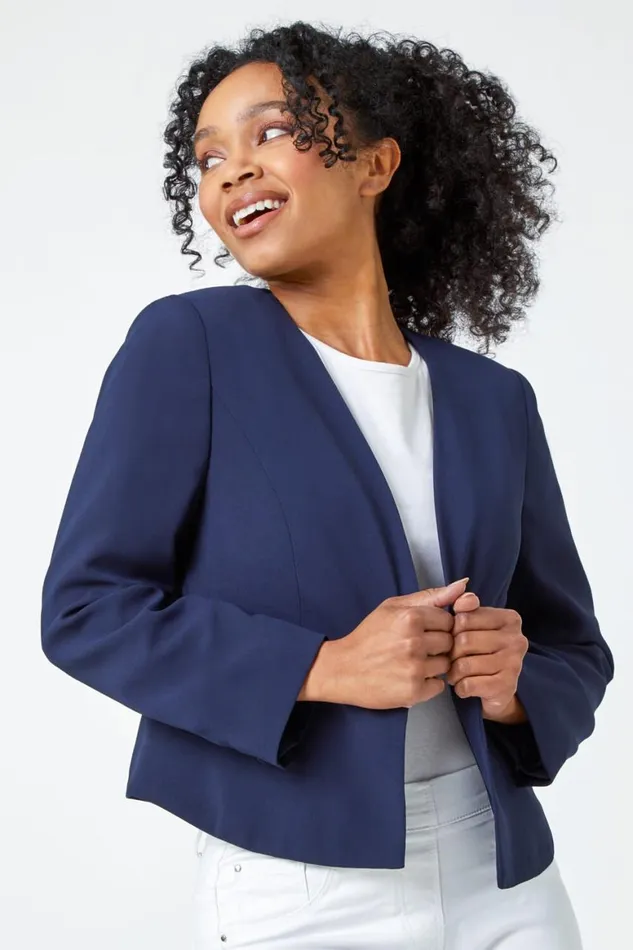 Women Navy Petite Button Detail Textured Jacket Roman Jackets