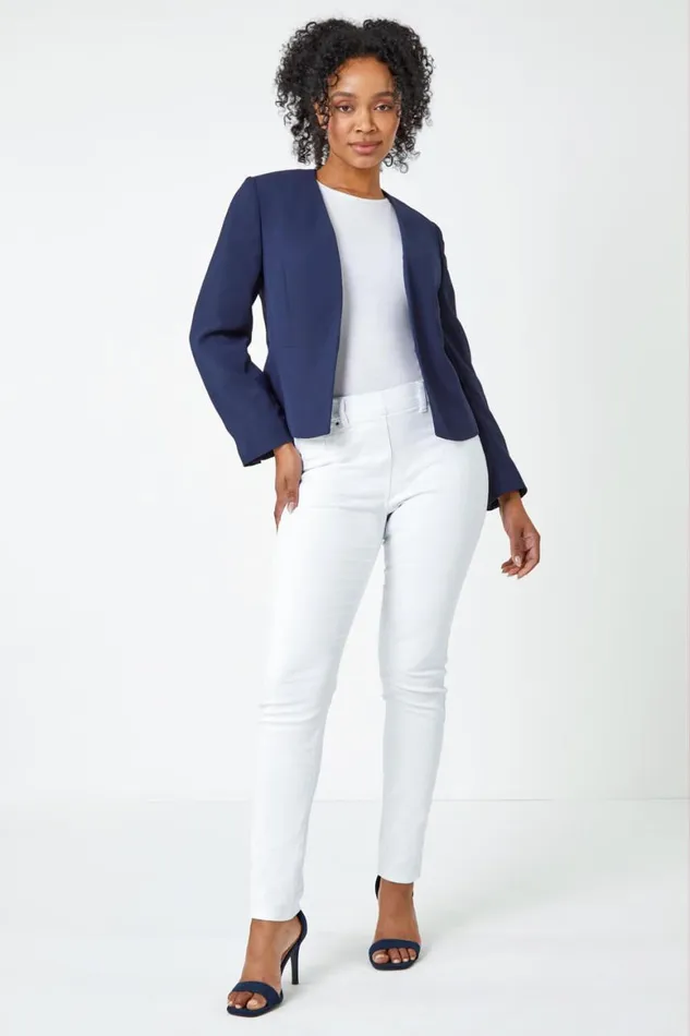 Women Navy Petite Button Detail Textured Jacket Roman Jackets