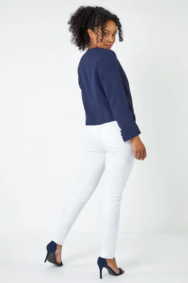 Women Navy Petite Button Detail Textured Jacket Roman Jackets