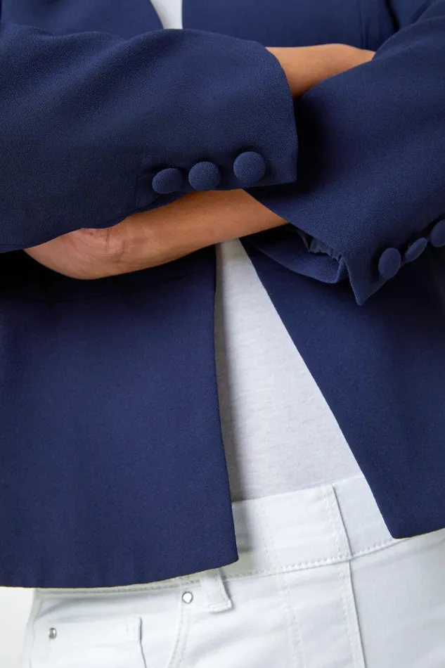 Women Navy Petite Button Detail Textured Jacket Roman Jackets