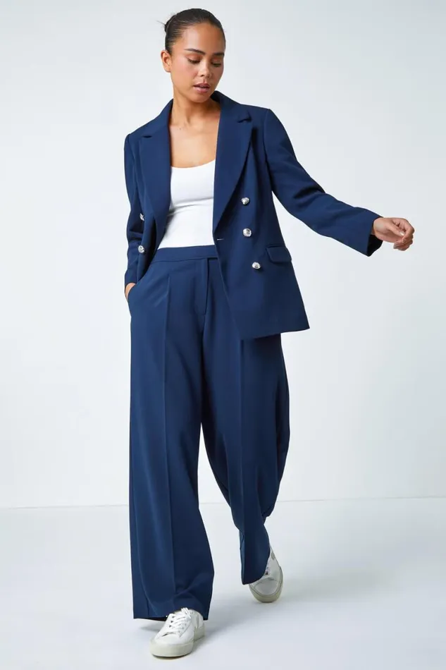 Women Navy Petite Button Fastened Wide Leg Trousers Roman Trousers