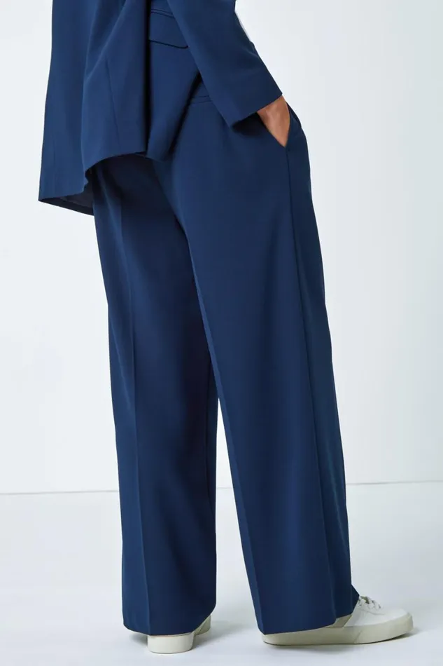 Women Navy Petite Button Fastened Wide Leg Trousers Roman Trousers