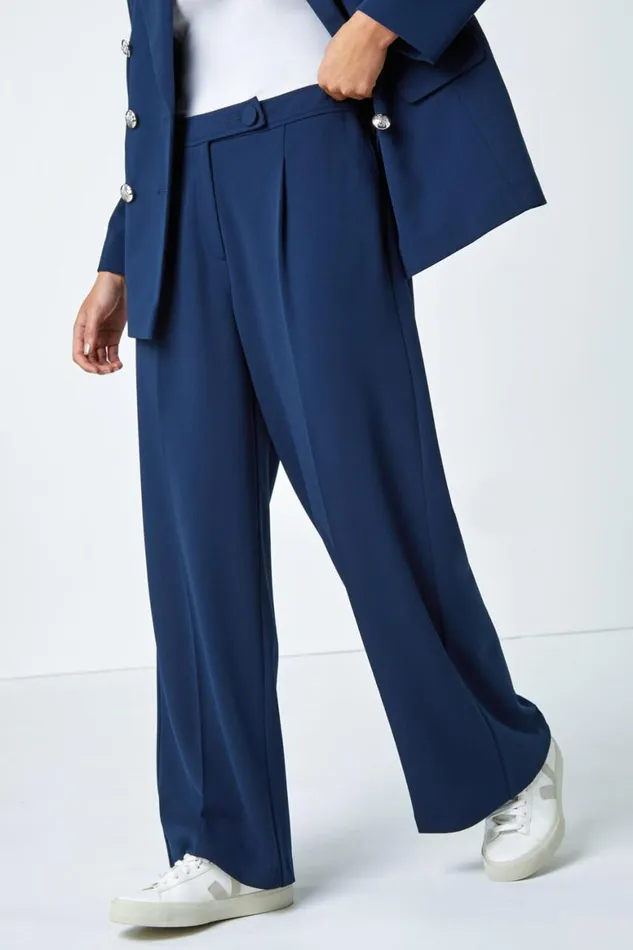 Women Navy Petite Button Fastened Wide Leg Trousers Roman Trousers