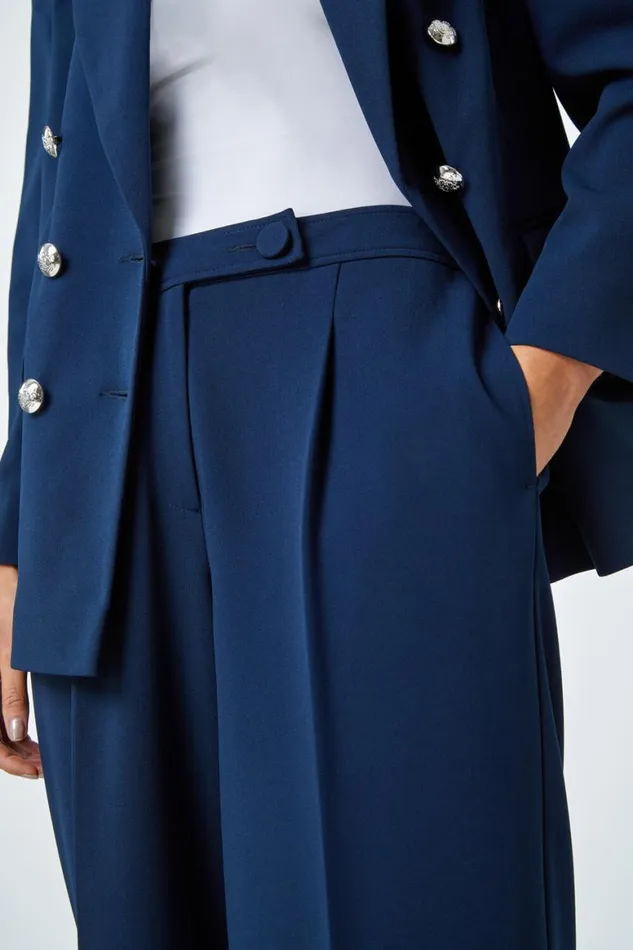 Women Navy Petite Button Fastened Wide Leg Trousers Roman Trousers