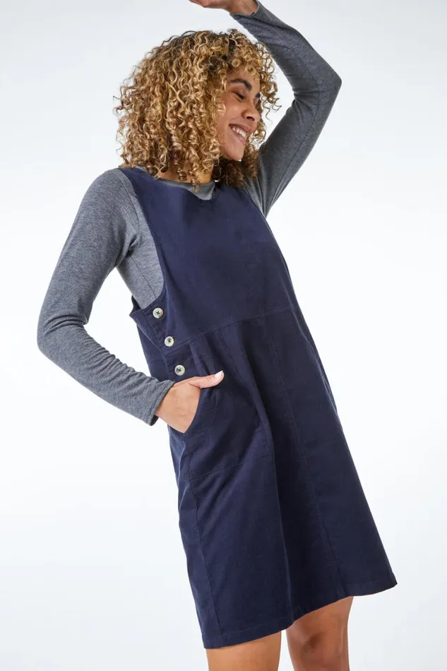 Women Navy Petite Cord Pinafore Dress Roman Dresses