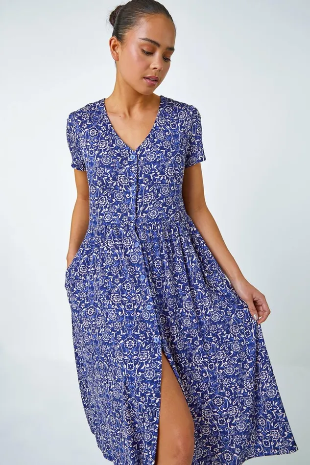 Women Navy Petite Floral Button Pocket Midi Dress Roman Dresses