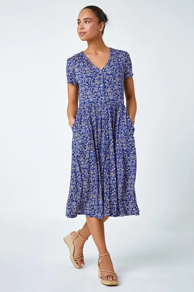 Women Navy Petite Floral Button Pocket Midi Dress Roman Dresses
