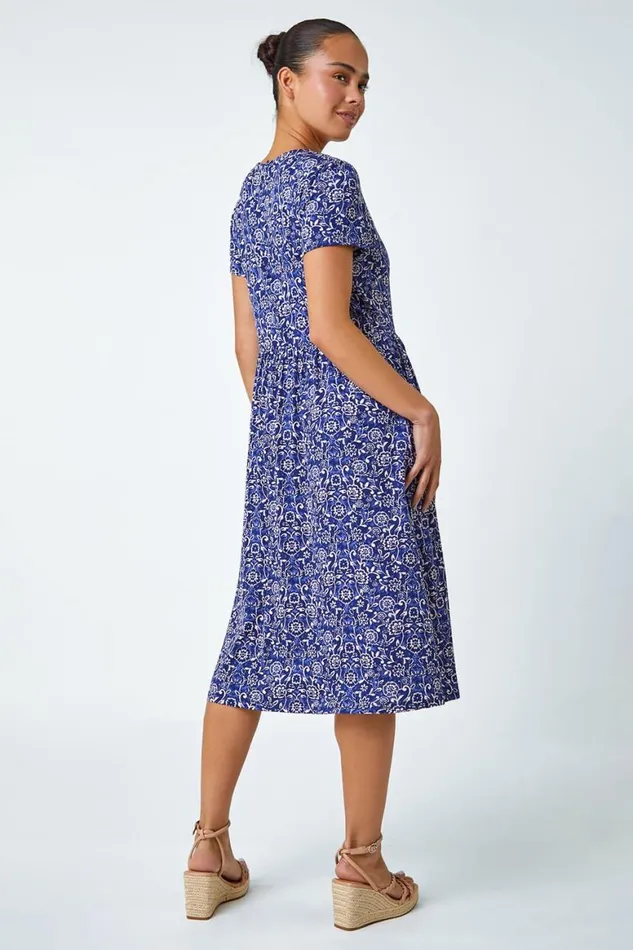 Women Navy Petite Floral Button Pocket Midi Dress Roman Dresses