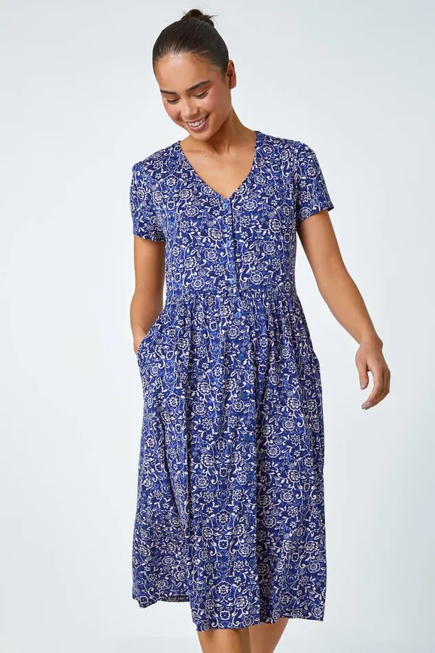 Women Navy Petite Floral Button Pocket Midi Dress Roman Dresses