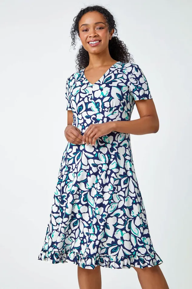 Women Navy Petite Floral Frill Hem Stretch Dress Roman Dresses