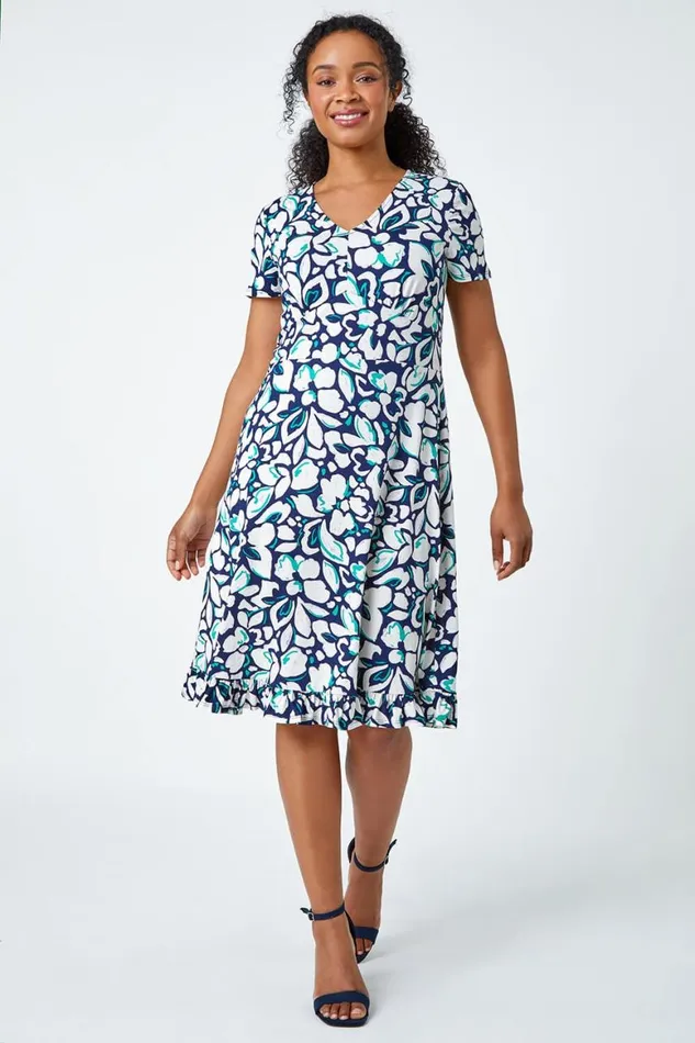 Women Navy Petite Floral Frill Hem Stretch Dress Roman Dresses