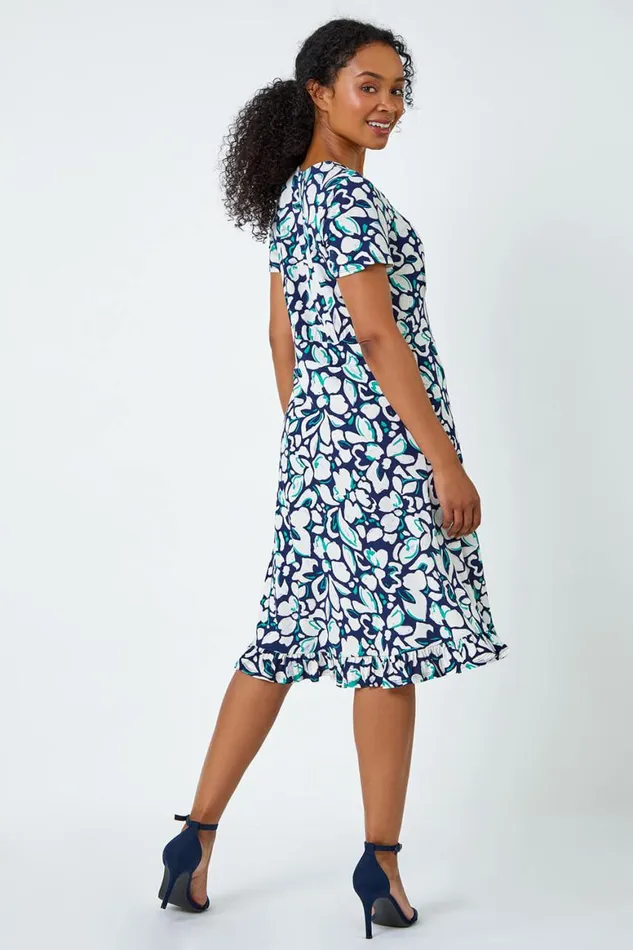 Women Navy Petite Floral Frill Hem Stretch Dress Roman Dresses