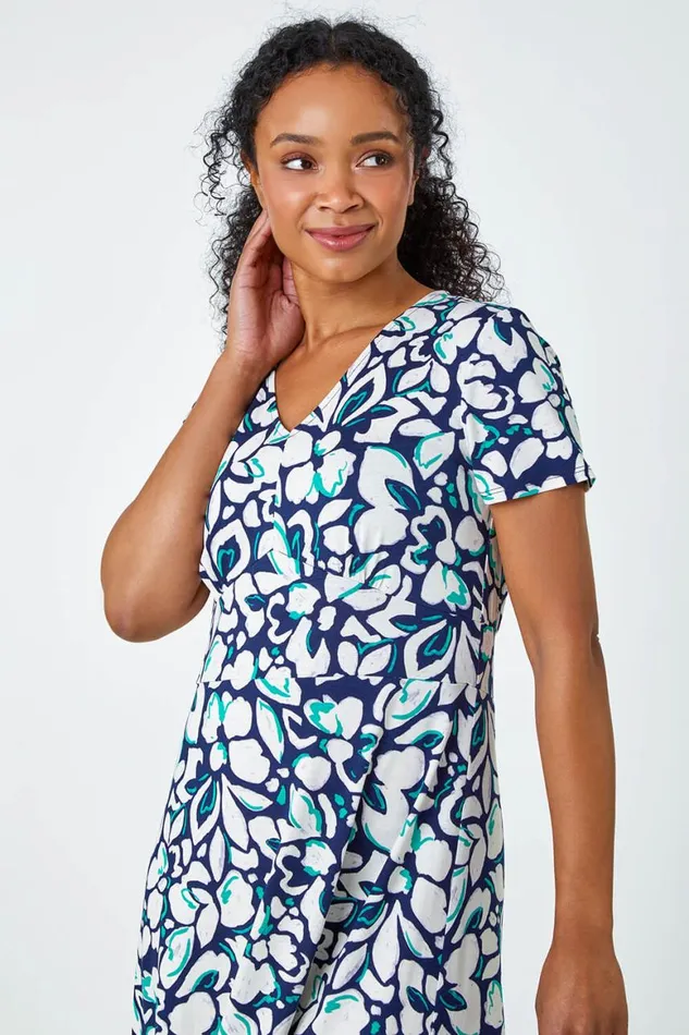 Women Navy Petite Floral Frill Hem Stretch Dress Roman Dresses