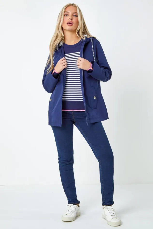 Women Navy Petite Hooded Rain Coat Roman Coats