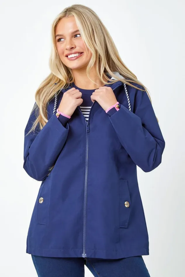 Women Navy Petite Hooded Rain Coat Roman Coats