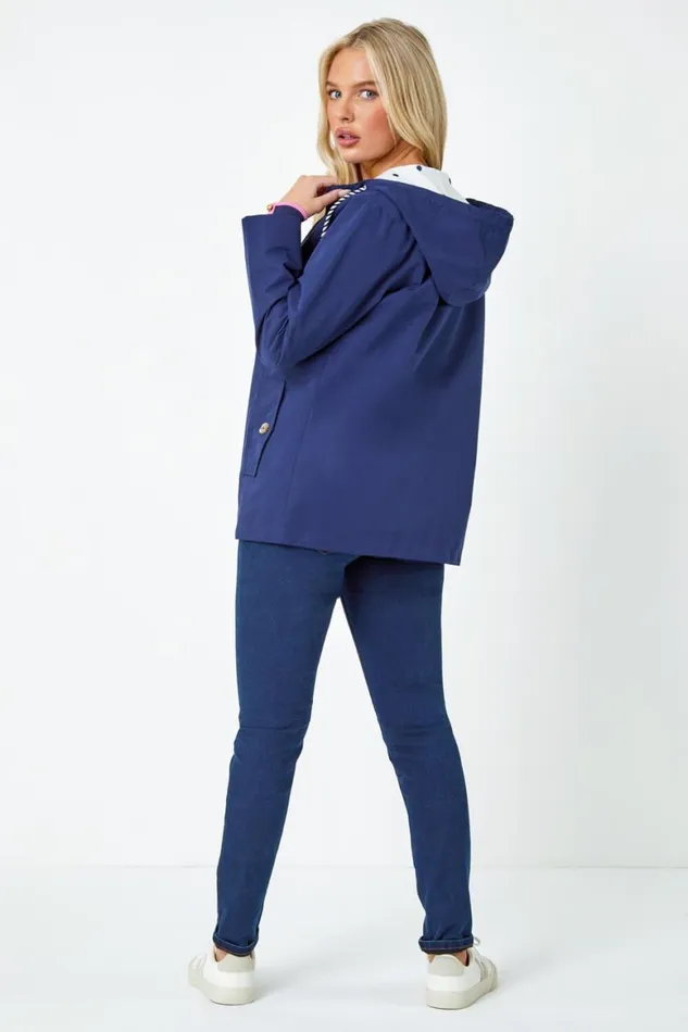 Women Navy Petite Hooded Rain Coat Roman Coats
