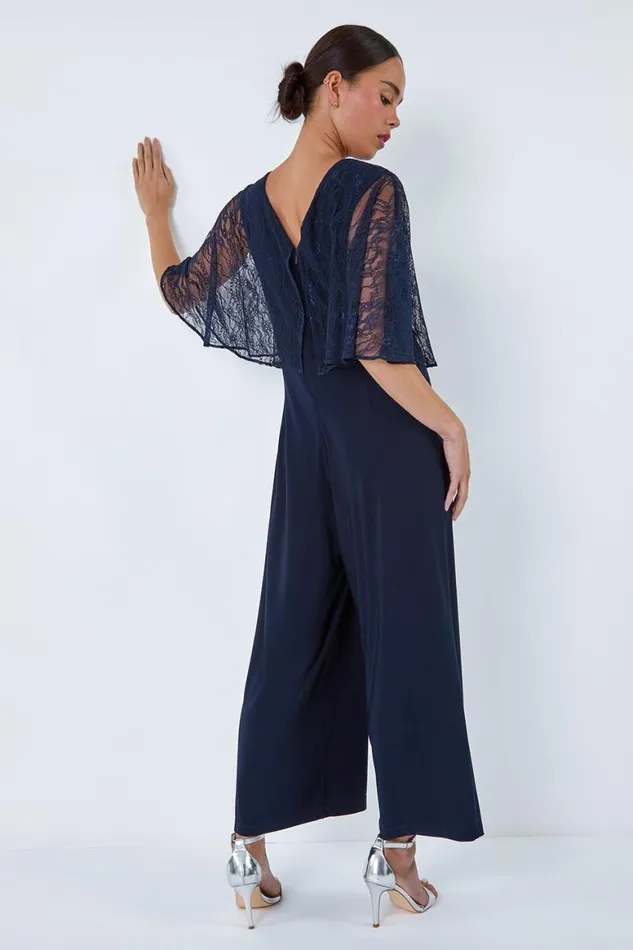 Women Navy Petite Lace Overlay Wide Leg Jumpsuit Roman Jumpsuits and Playsuits