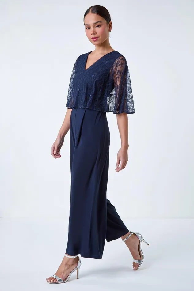 Women Navy Petite Lace Overlay Wide Leg Jumpsuit Roman Jumpsuits and Playsuits