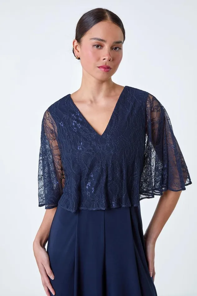 Women Navy Petite Lace Overlay Wide Leg Jumpsuit Roman Jumpsuits and Playsuits