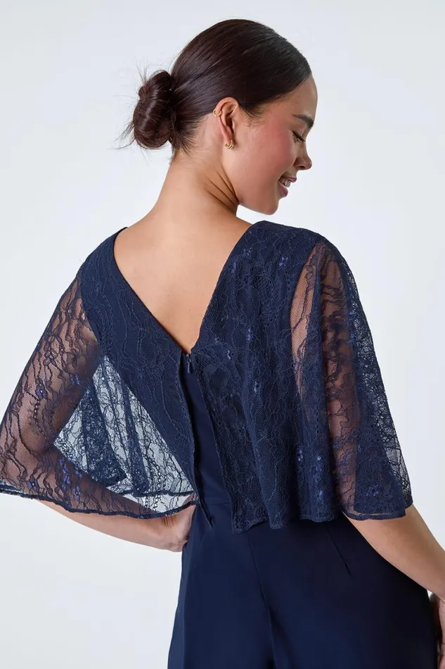 Women Navy Petite Lace Overlay Wide Leg Jumpsuit Roman Jumpsuits and Playsuits
