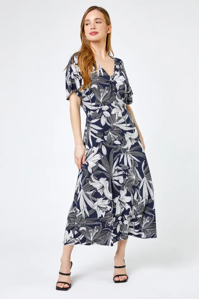 Women Navy Petite Lily Print Ruched Midi Dress Roman Dresses